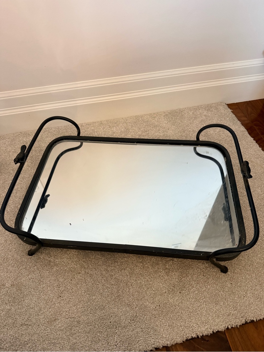 Black Iron Mirrored Serving Tray with Handles bird motif